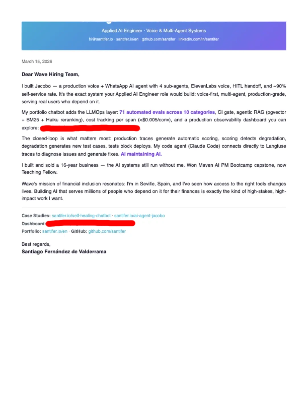 Cover letter for Wave: gradient header, Jacobo as voice + WhatsApp proof point, links to case studies and dashboard