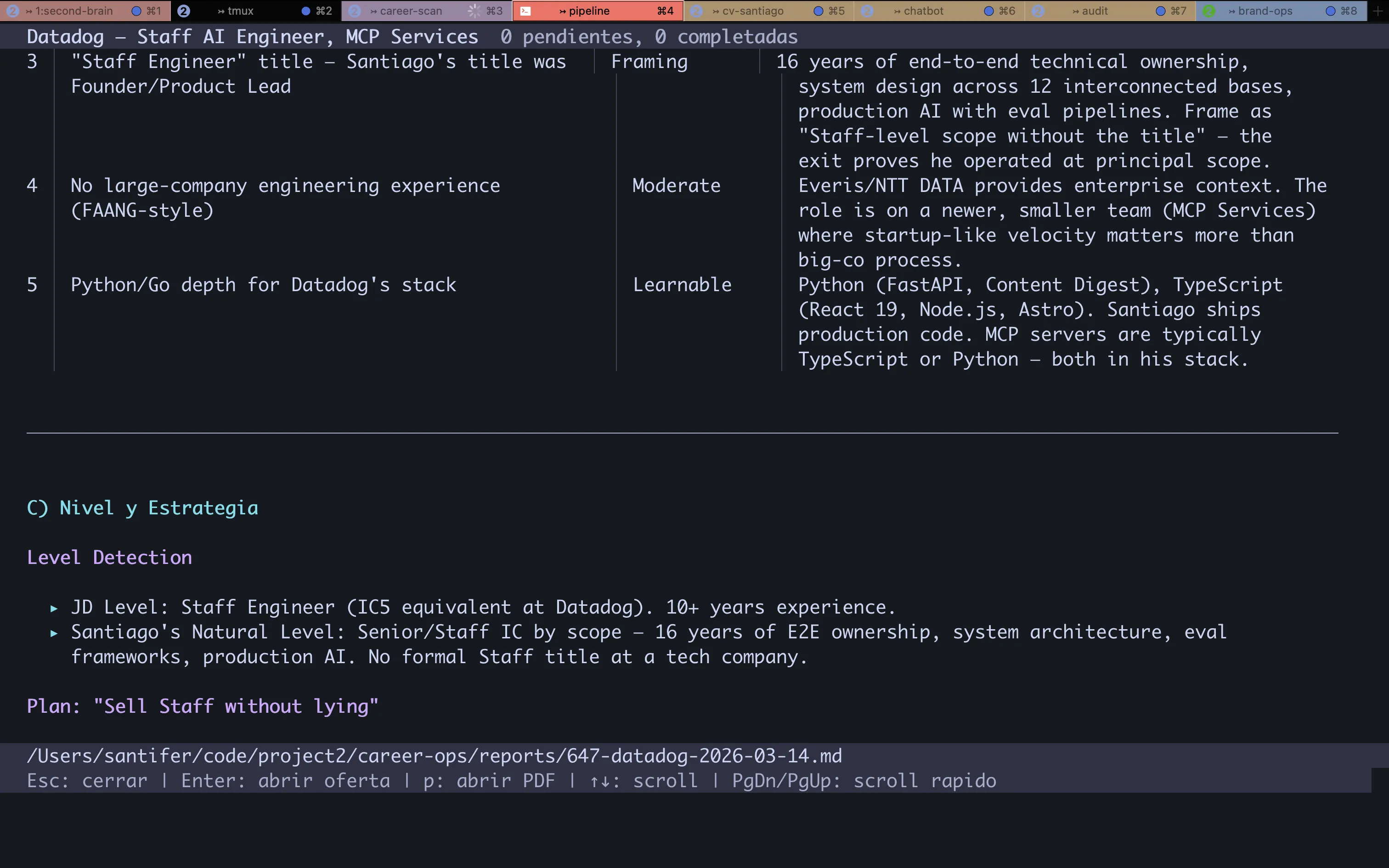 Gaps (cont.) + Level and Strategy: IC5 level detection, "Sell Staff without lying" plan with experience framing